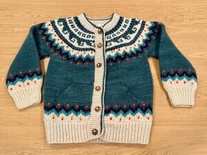 Del Mundo Hand Knit 100% Wool Cardigan Fair Isle Ecuador Teal Nordic Sweater